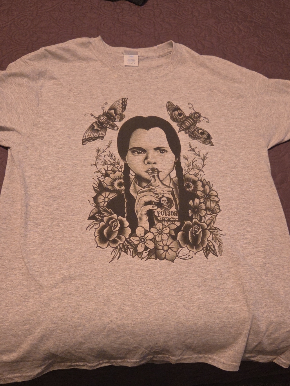 Gray Graphic Tee with Girl and Floral Illustration